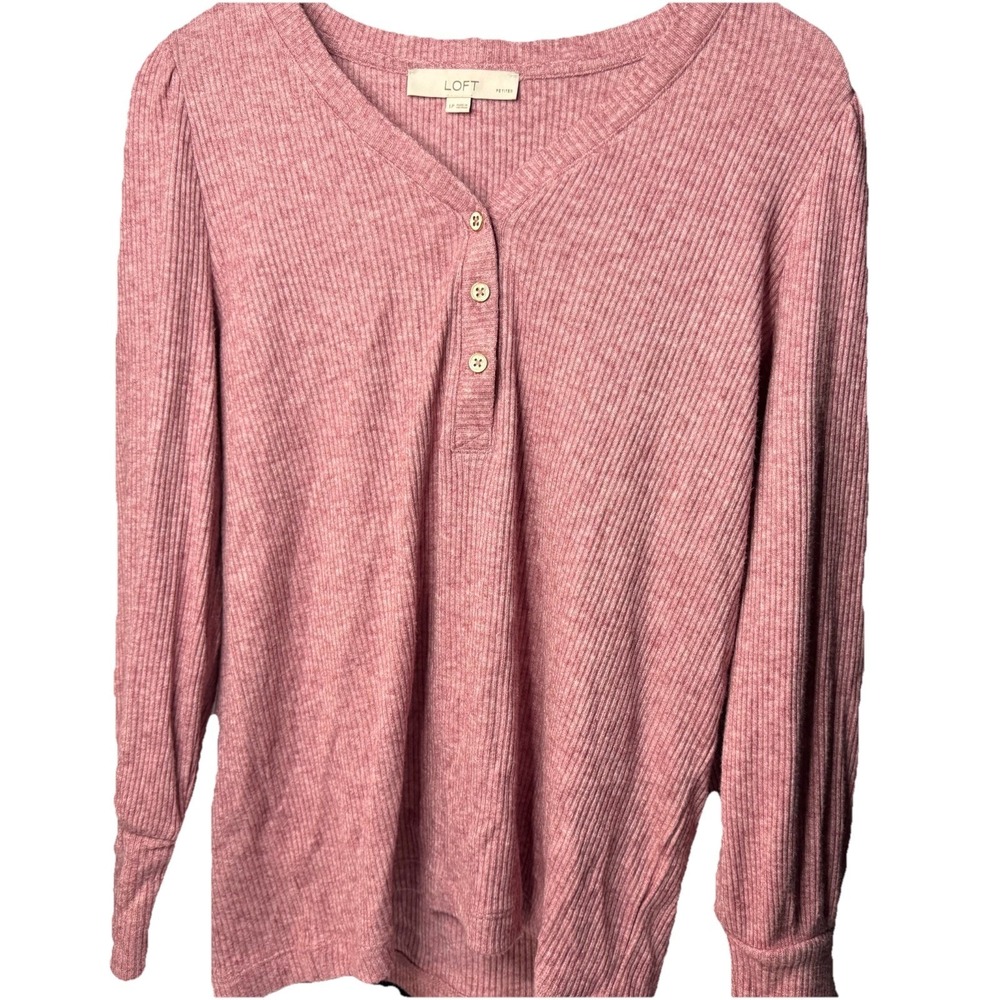 Loft Women's Petite L Salmon Pink Striped‎ V Neck 1/4 Button Pullover Sweater